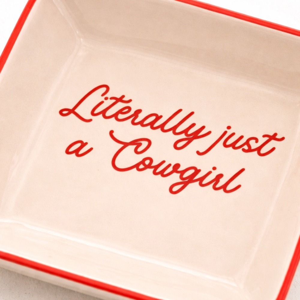 Literally Just A Cowgirl Ceramic Trinket Dish Square Jewelry Tray Red Cream - Picture 2 of 4